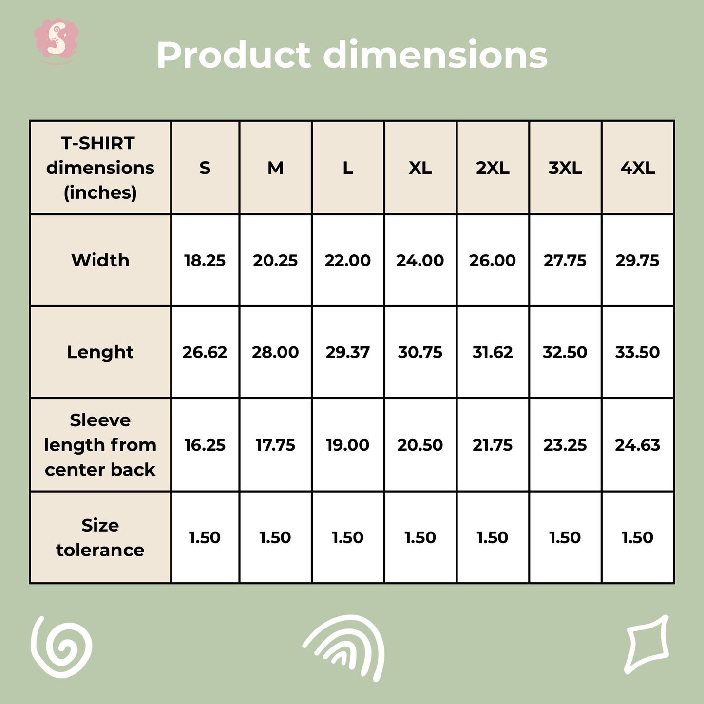 Dimension of T-shirts