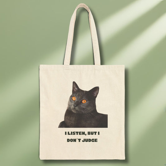 Canvas bag close up with funny cat picture and quote