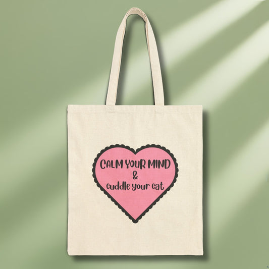 Canvas bag in pink with mindful quote for cat lovers close up