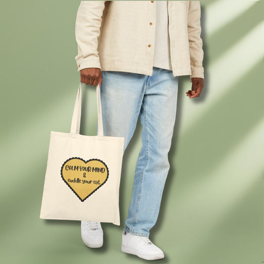 Canvas bag in yellow with mindful quote for cat lovers on model