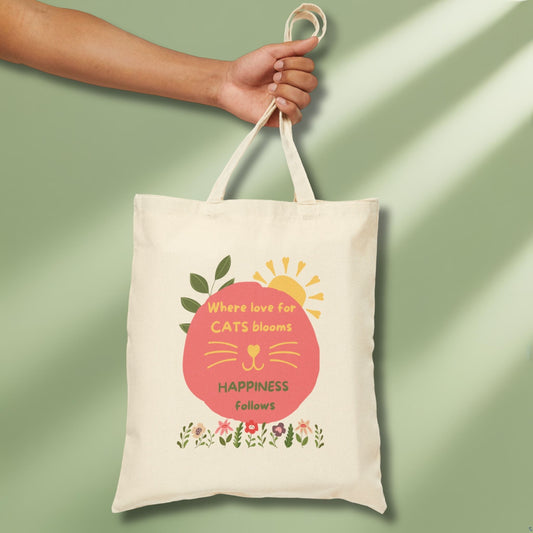 Canvas bag with flowery design for cat lovers close up 