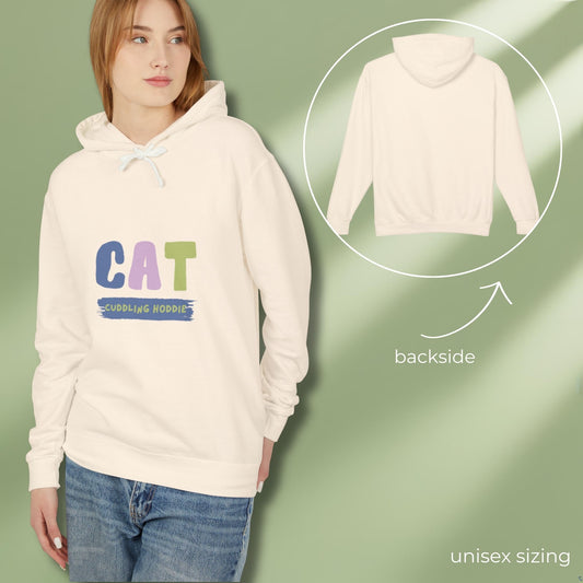 Cat cuddling hoodie for cat lovers on model