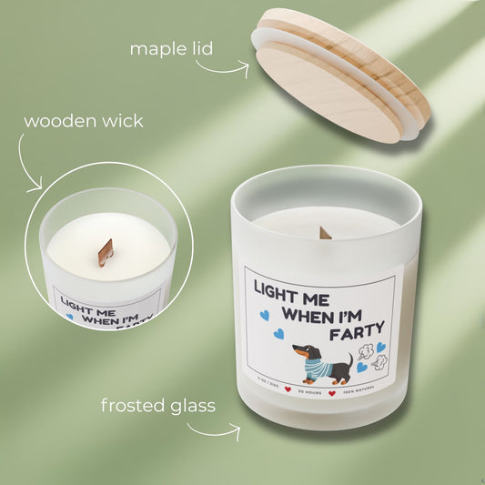 Close up of dog lover candle made of frosted glass and wooden wick with funny quote