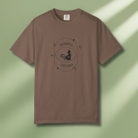 Mindful cat dad T-shirt close up