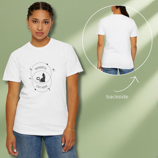 Mindful cat mom T-shirt color on model