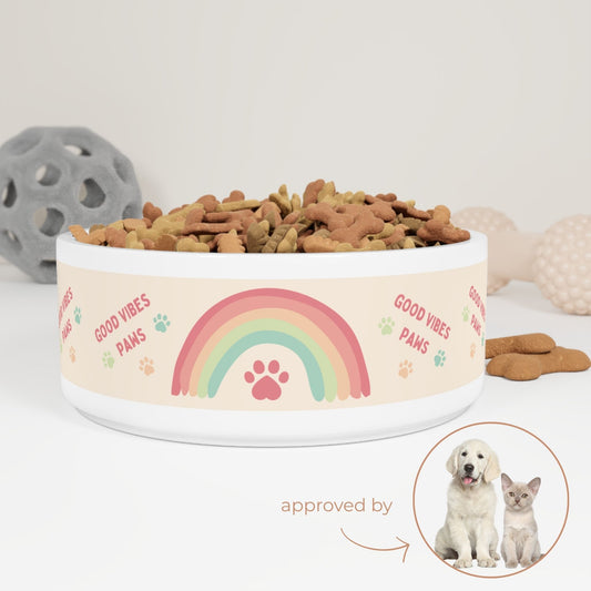 Pet food bowl with good vibes paws quote